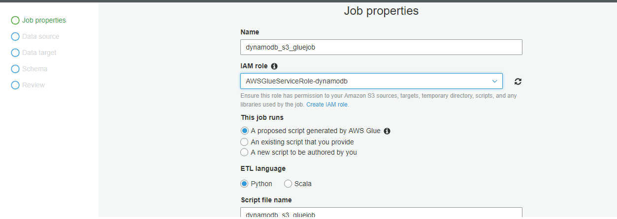 DynamoDB to S3 using AWS Glue: Job Properties | Hevo Data